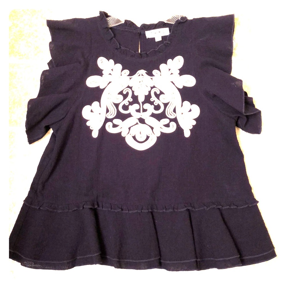 Navy Ruffled Shirt with White Scrolled Design